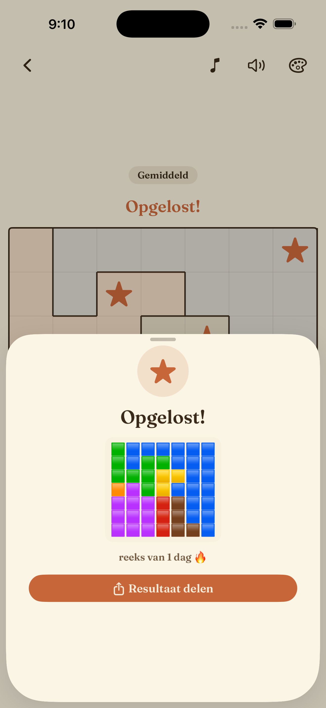 A solved daily puzzle with the share card